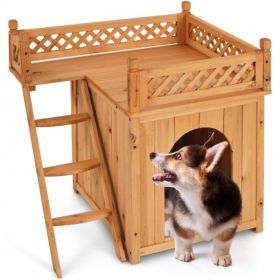 New Style Wood Pet House With Roof Balcony and Bed Shelter - brown - Pets