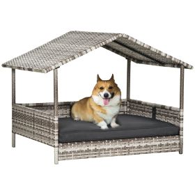 Wicker Dog House Outdoor with Canopy, Rattan Dog Bed with Water-resistant Cushion, for Small and Medium Dogs, Cream - as Pic
