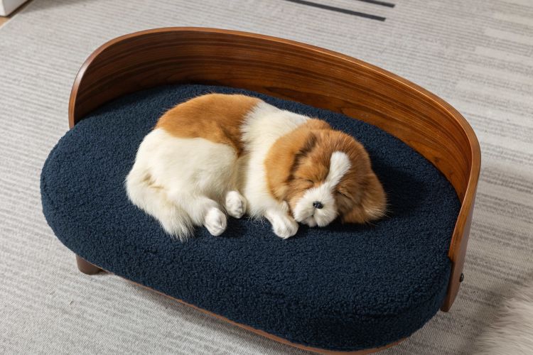 Scandinavian style Elevated Dog Bed Pet Sofa With Solid Wood legs and Bent Wood Back, cashmesh Cushion, Walnut wood,dark blue cashmesh. - as Pic