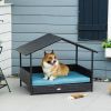 Wicker Dog House Elevated Raised Rattan Bed for Indoor/Outdoor with Removable Cushion Lounge, Blue - as Pic