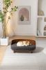 Scandinavian style Elevated Dog Bed Pet Sofa With Solid Wood legs and Bent Wood Back, cashmesh Cushion, Walnut wood, dark grey cashmere. - as Pic