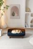 Scandinavian style Elevated Dog Bed Pet Sofa With Solid Wood legs and Bent Wood Back, cashmesh Cushion, Walnut wood,dark blue cashmesh. - as Pic